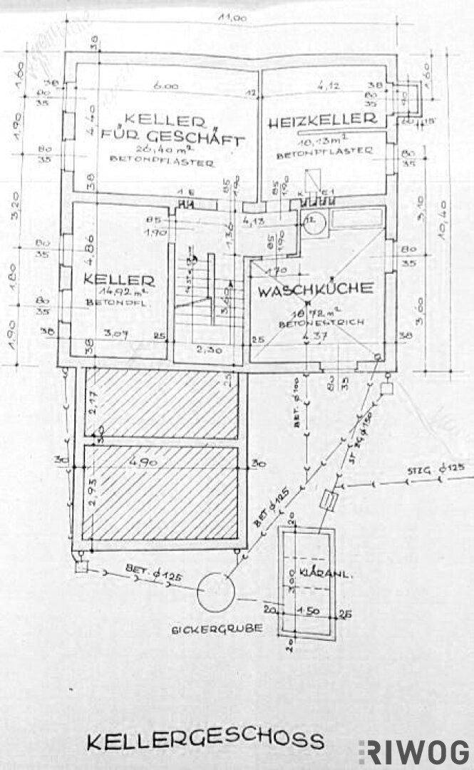 Grundriss des Kellergeschosses mit verschiedenen Kellerräumen und Waschküche.