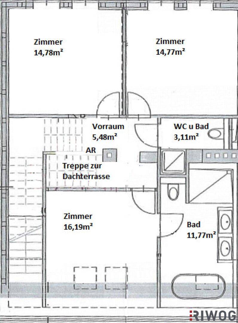 Grundriss des Obergeschosses mit drei Zimmern, Bad und Zugang zur Dachterrasse.