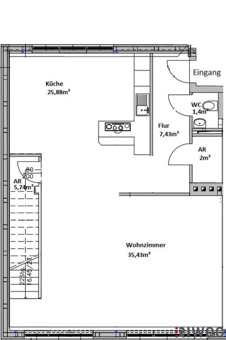 Grundriss des Erdgeschosses mit Küche, Wohnzimmer, Flur und WC.