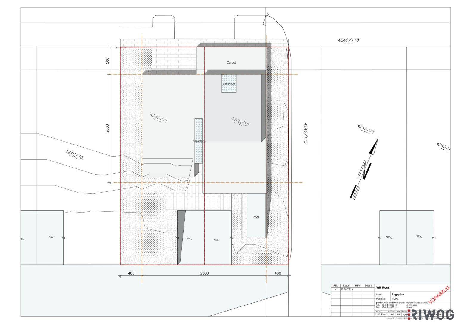 Lageplan des Grundstücks mit eingezeichnetem Gebäude, Carport und Poolbereich.