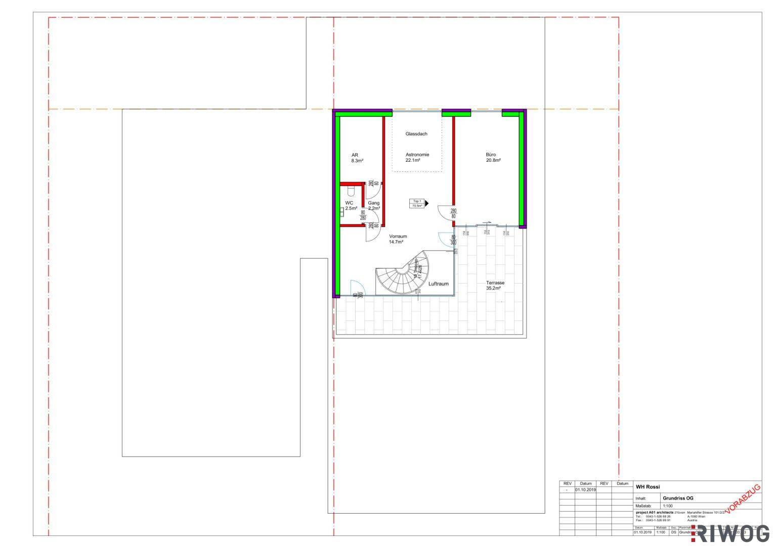 Grundriss des Dachgeschosses mit Abstellraum, WC und großer Dachterrasse mit Oberlicht.