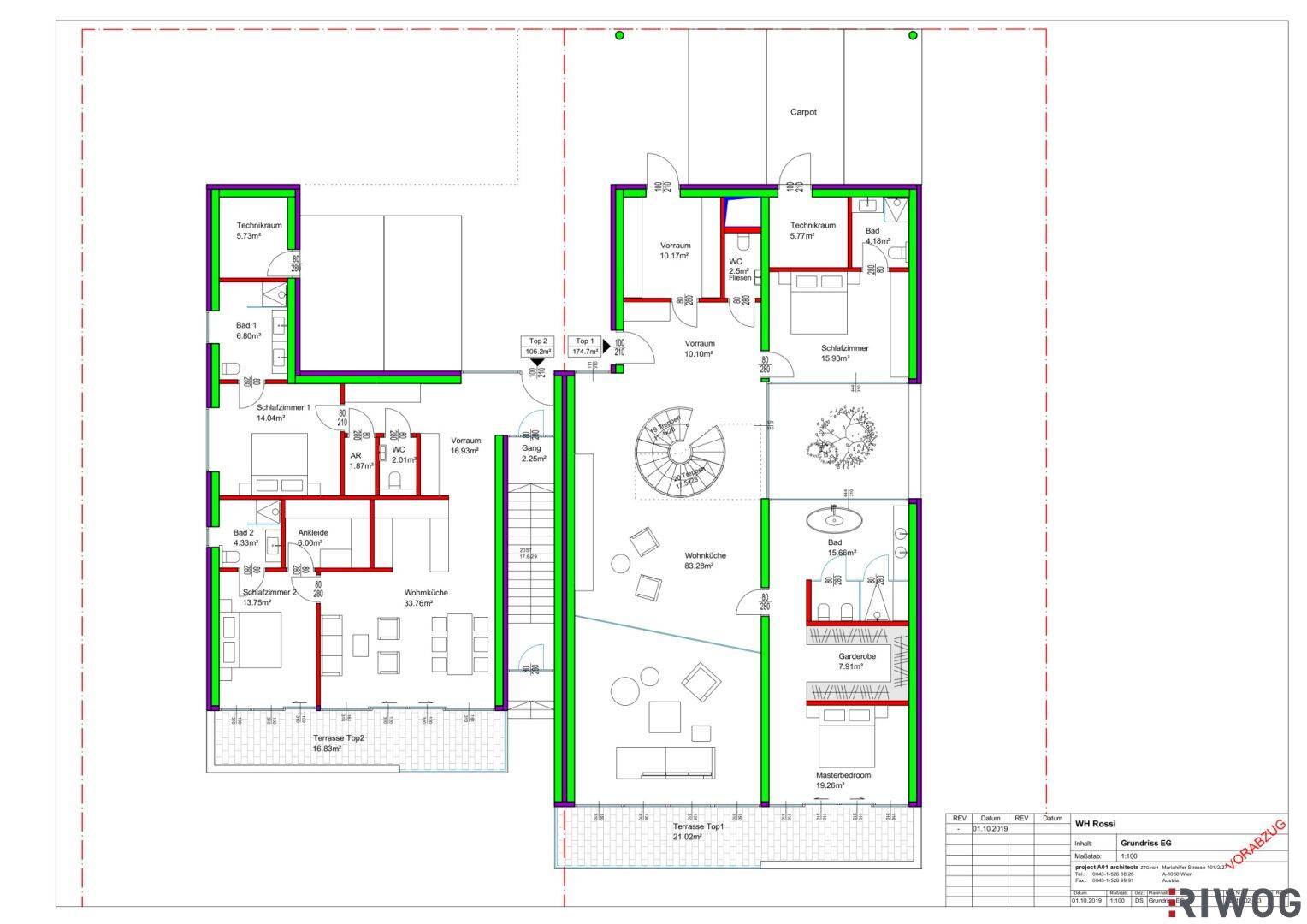 Grundriss des Obergeschosses mit Schlafzimmern, Bädern, Doppelwaschbecken und Terrassenzugang.