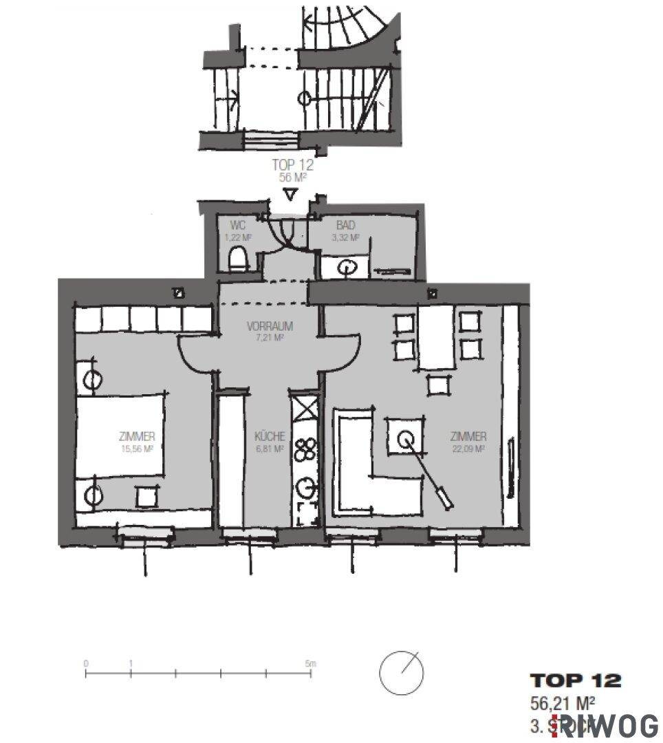 Grundriss der Wohnung TOP 12 mit 56 m², inklusive zwei Zimmern, Küche, Bad und WC.