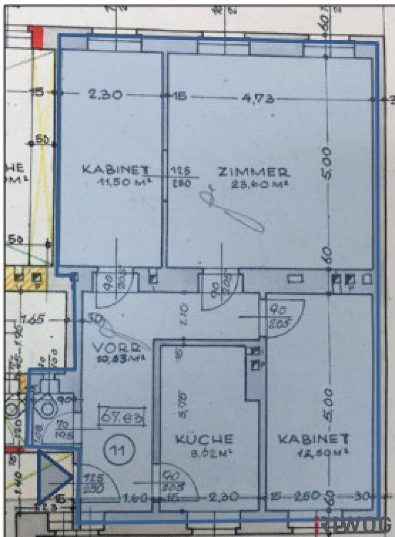 Grundriss der Wohnung mit zwei Zimmern, Küche und Vorraum.