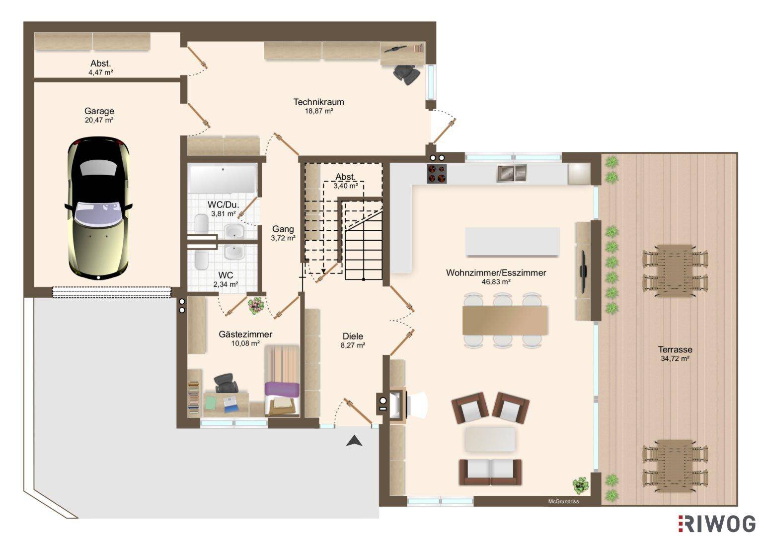 Grundriss des Erdgeschosses mit offenem Wohnbereich, Garage und großer Terrasse.