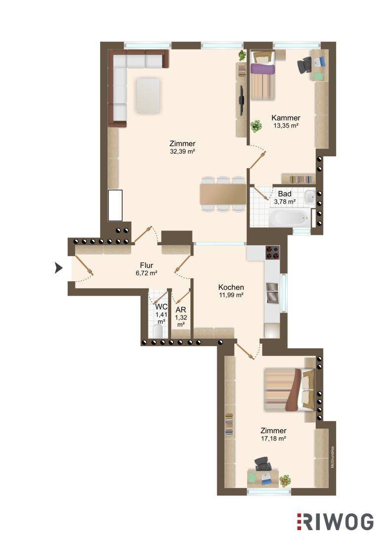 Grundriss der Wohnung zeigt drei Zimmer, Küche, Bad und separates WC mit Balkonzugang.