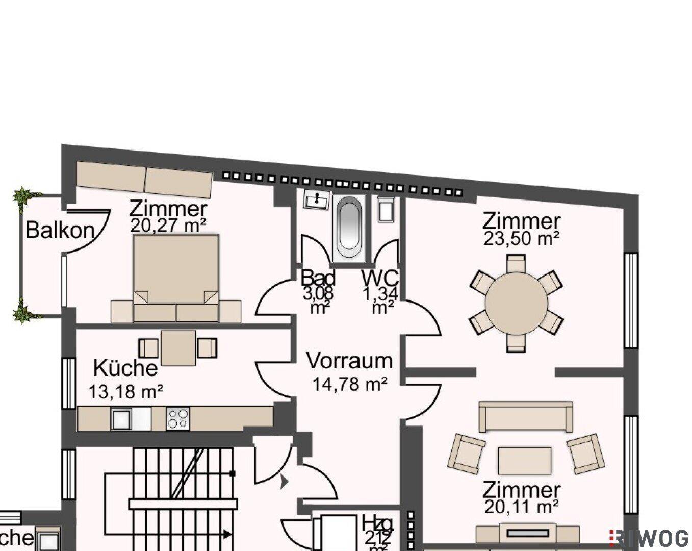 Übersichtlicher Grundriss mit drei Zimmern, Küche, Bad, WC und Balkon.