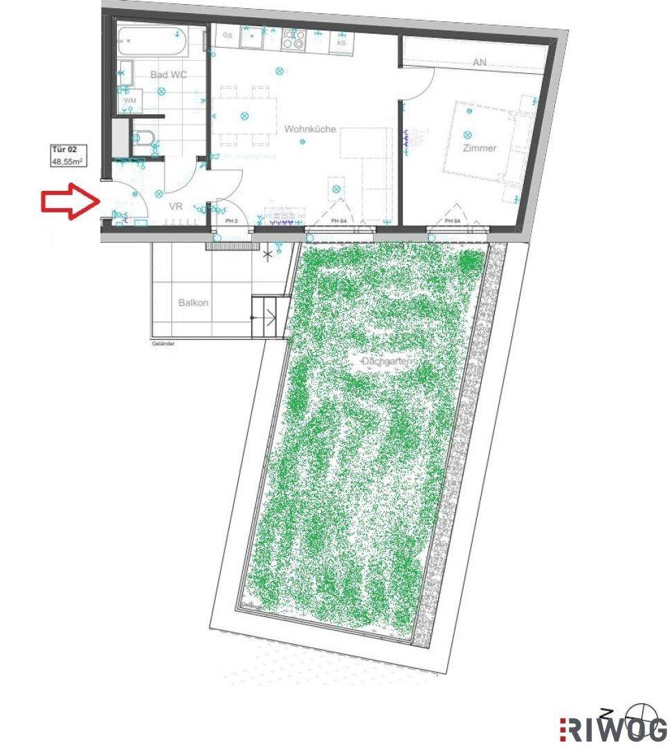 Grundriss einer Wohnung mit Wohnküche, Zimmer, Bad, Balkon und eigenem Garten.