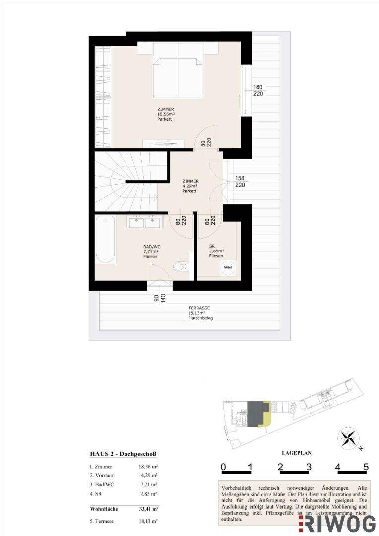 Grundriss des Dachgeschosses mit zwei Zimmern, Bad/WC und großer Terrasse.