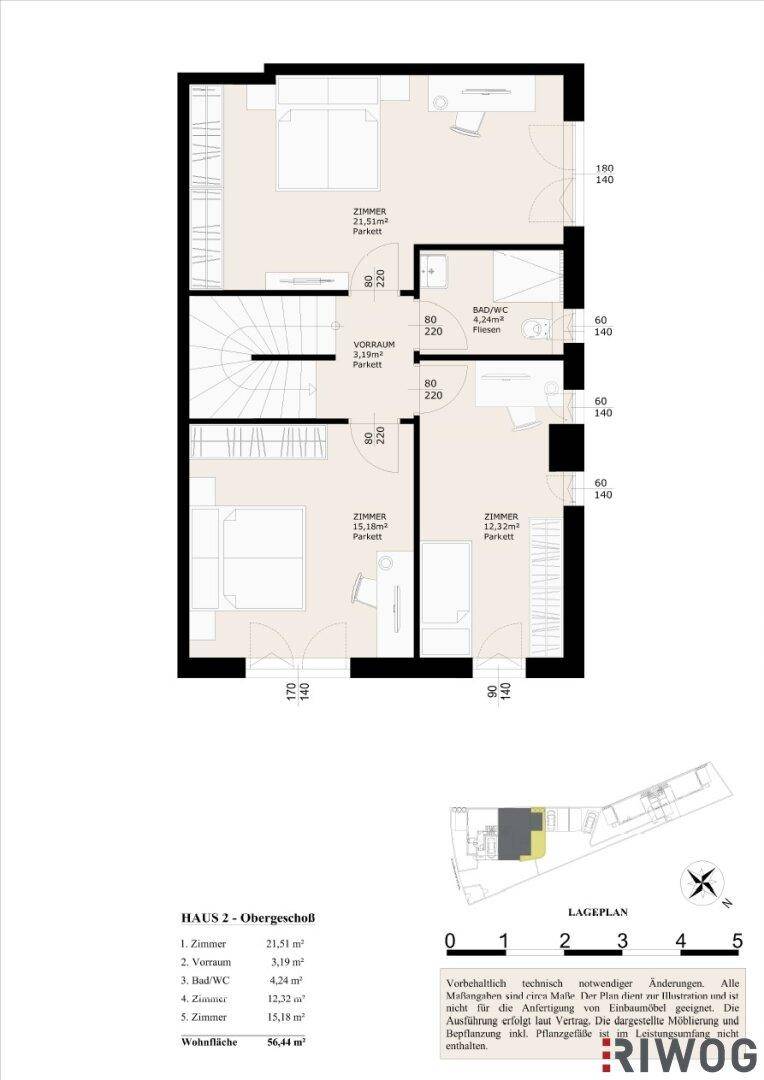 Grundriss des Obergeschosses mit drei Zimmern und einem Bad/WC.