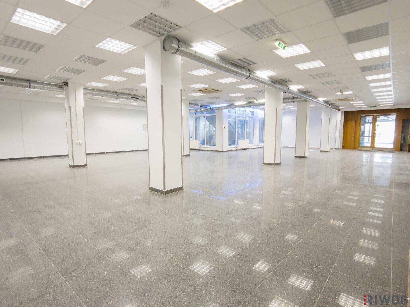 Weitläufiger Gewerberaum mit glänzenden Fliesen, vielen Deckenleuchten und einer Glasfront im Hintergrund.