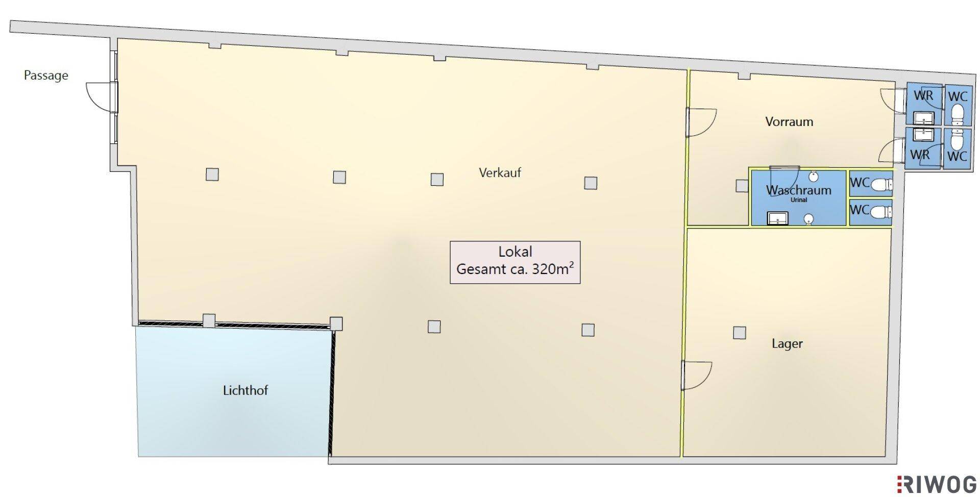 Grundriss eines Gewerbeobjekts mit Verkaufsfläche, Lager und Sanitärbereichen.