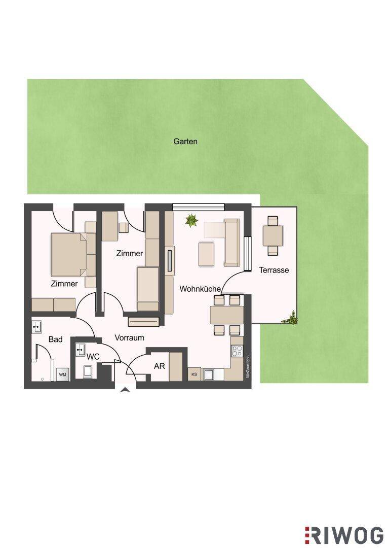 Grundriss einer Wohnung mit Wohnküche, zwei Zimmern, Bad, WC, Vorraum, Terrasse und Garten.