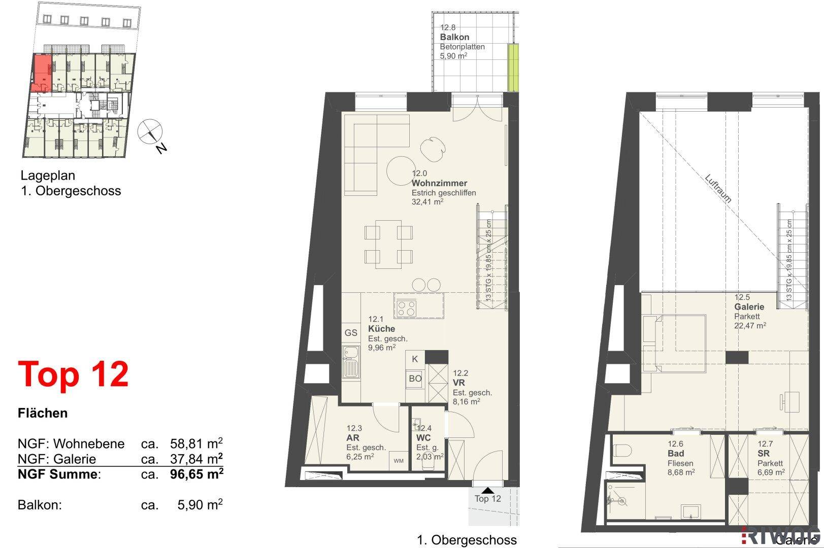 Detaillierter Grundriss einer Maisonette-Wohnung über zwei Ebenen mit offenem Wohnbereich, Balkon und Galerie.