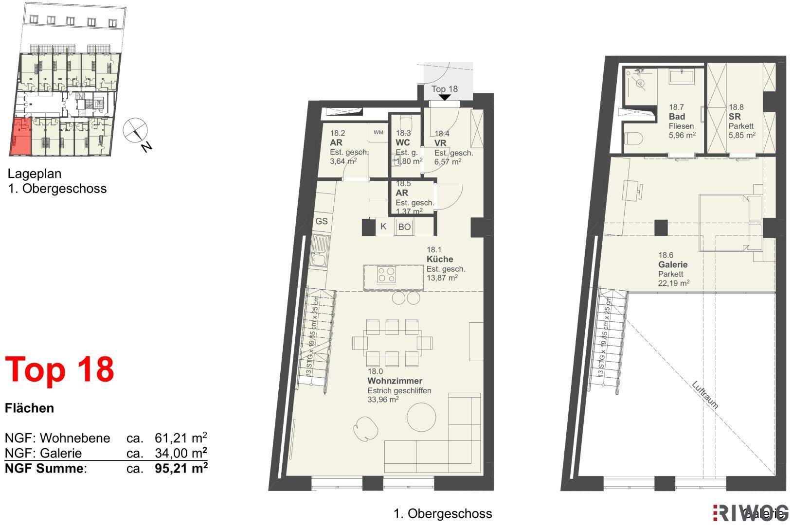 Grundriss einer Maisonette-Wohnung mit offenem Wohnbereich, separatem WC und Galerie im Obergeschoss.