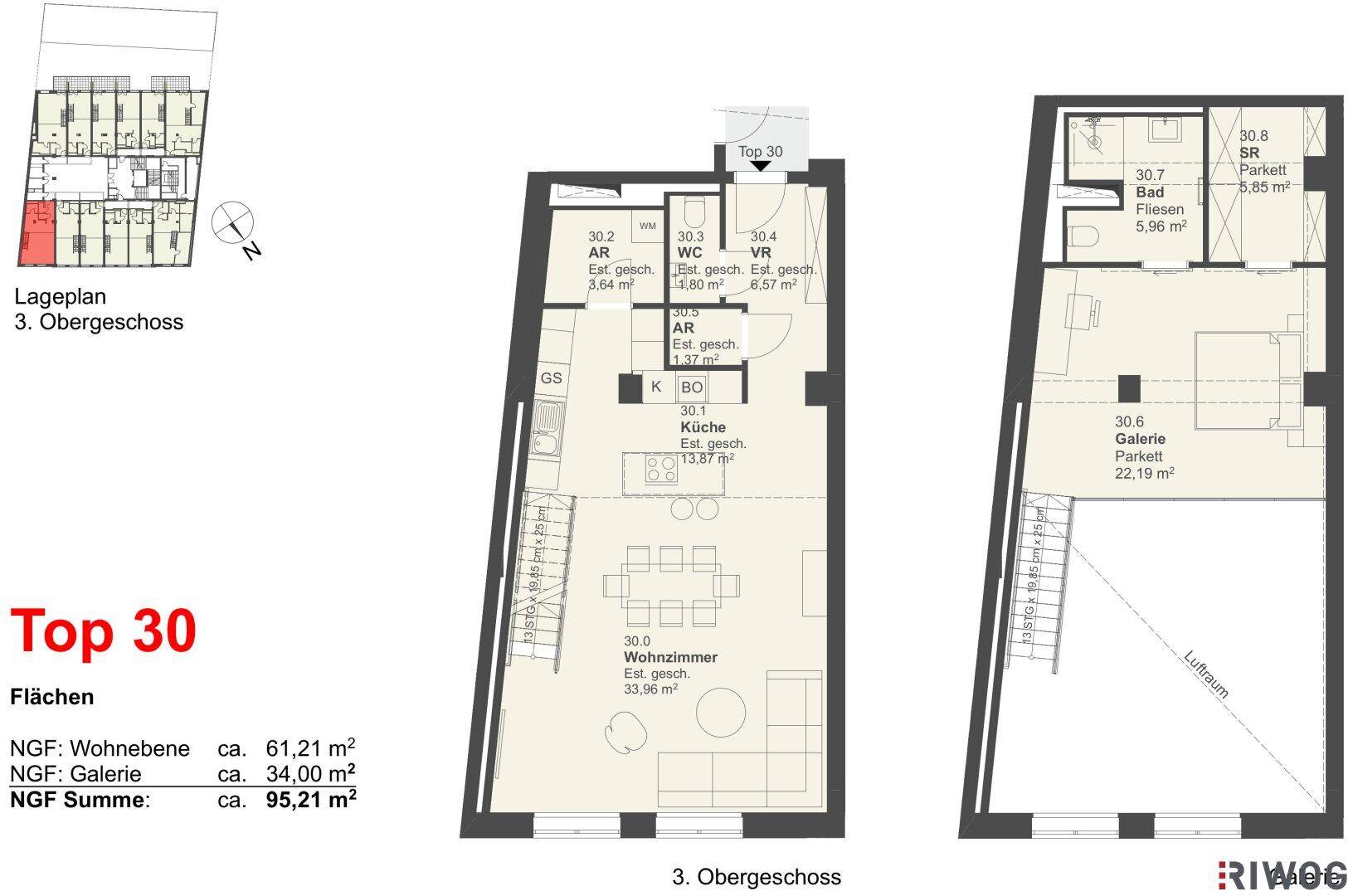 Grundriss einer Maisonette-Wohnung mit offenem Wohnbereich, Küche, WC, Bad und Galerie im Obergeschoss.