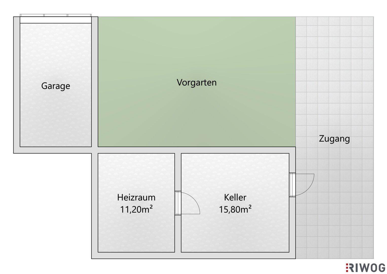 Grundriss des Untergeschosses mit Garage, Heizraum, Keller und Vorgarten.