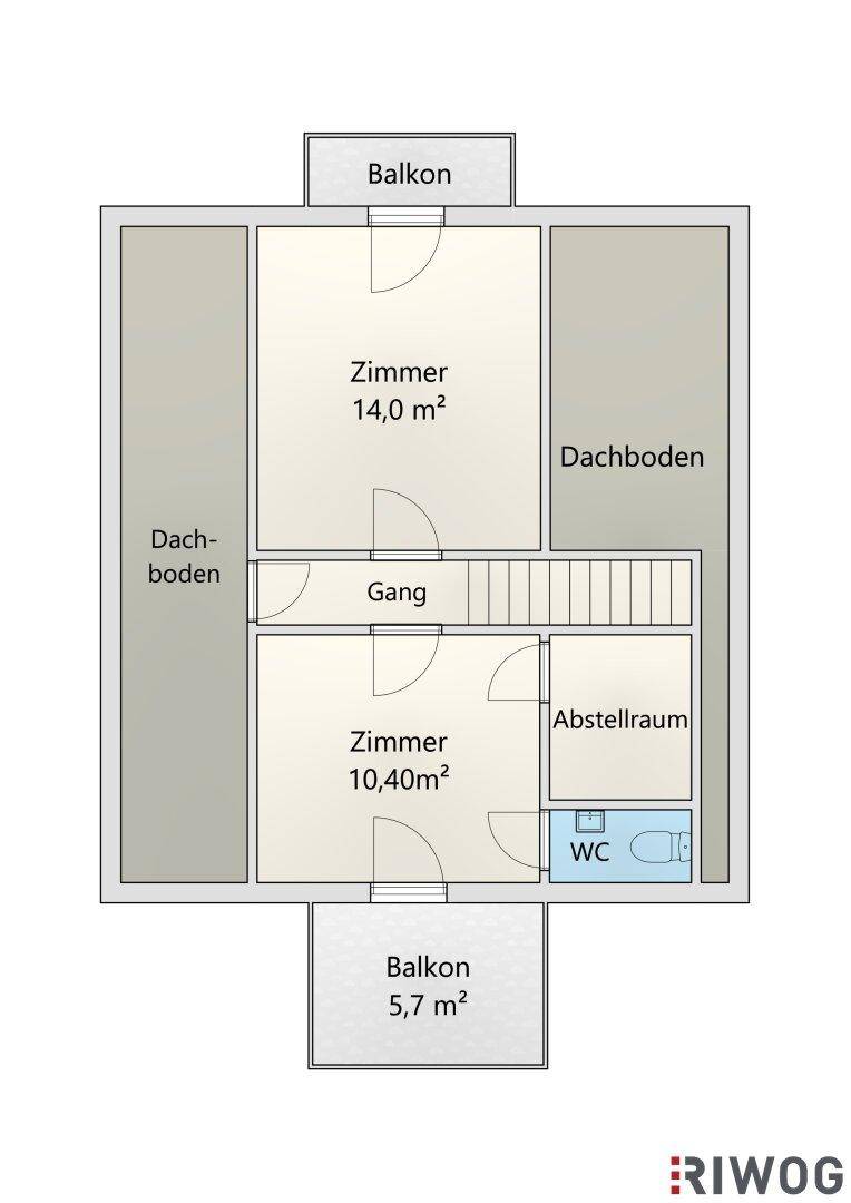 Grundriss des Obergeschosses mit zwei Zimmern, Abstellraum und zwei Balkonen.