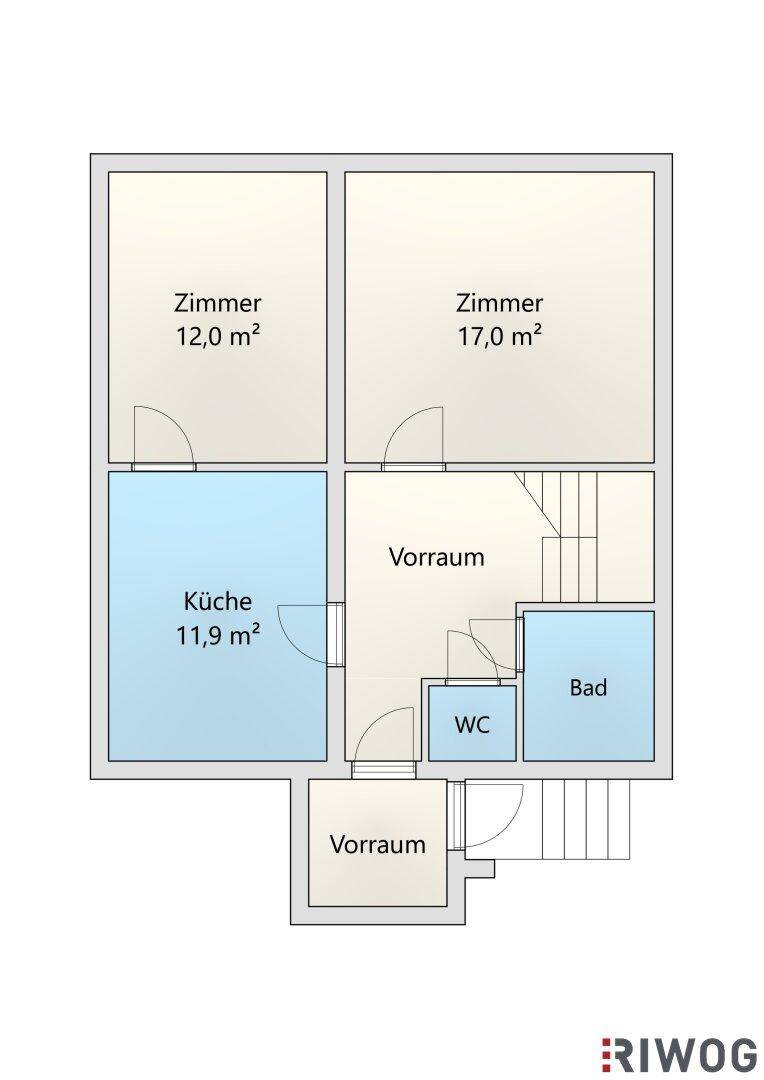 Grundriss des Erdgeschosses mit Küche, Bad, WC und zwei Zimmern.