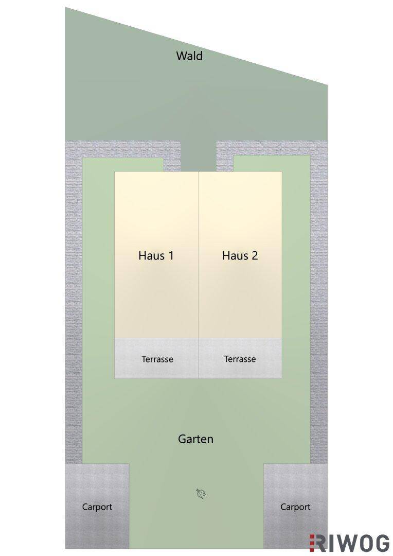 Übersichtsplan der Doppelhaushälften mit Terrassen, Gärten und Carports.