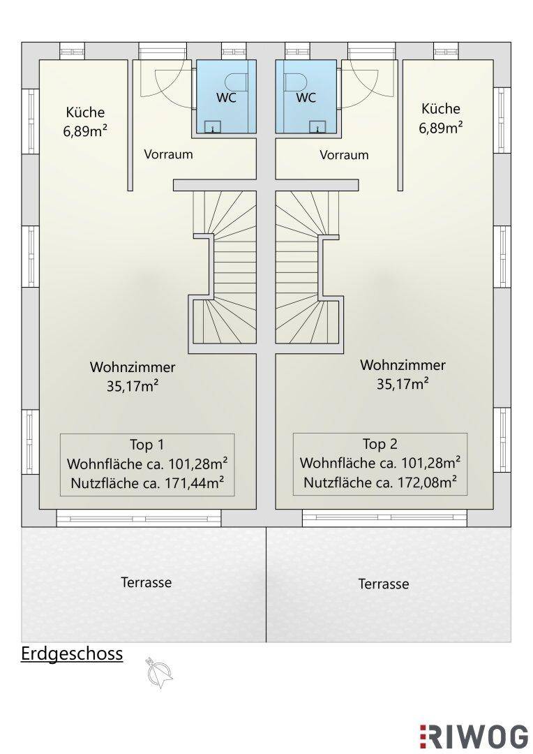 Grundriss des Erdgeschosses mit Wohnzimmer, Küche, WC und Terrasse für zwei Einheiten.