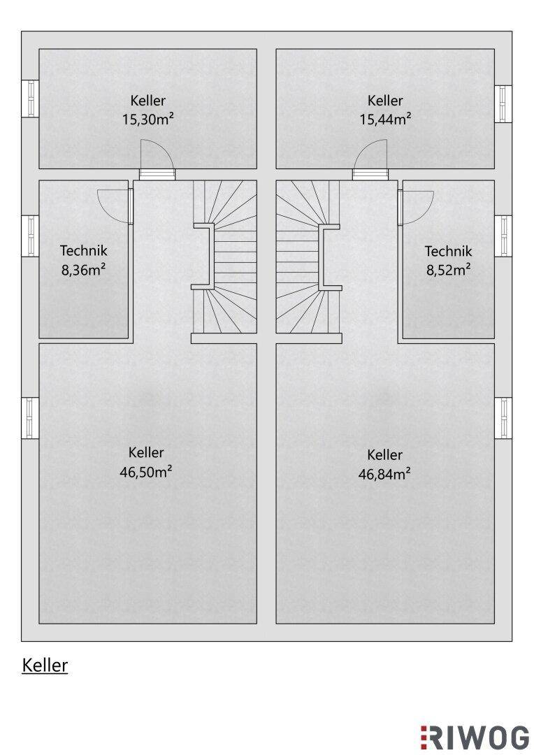 Grundriss des Kellers mit Technikräumen und großzügigen Abstellflächen.