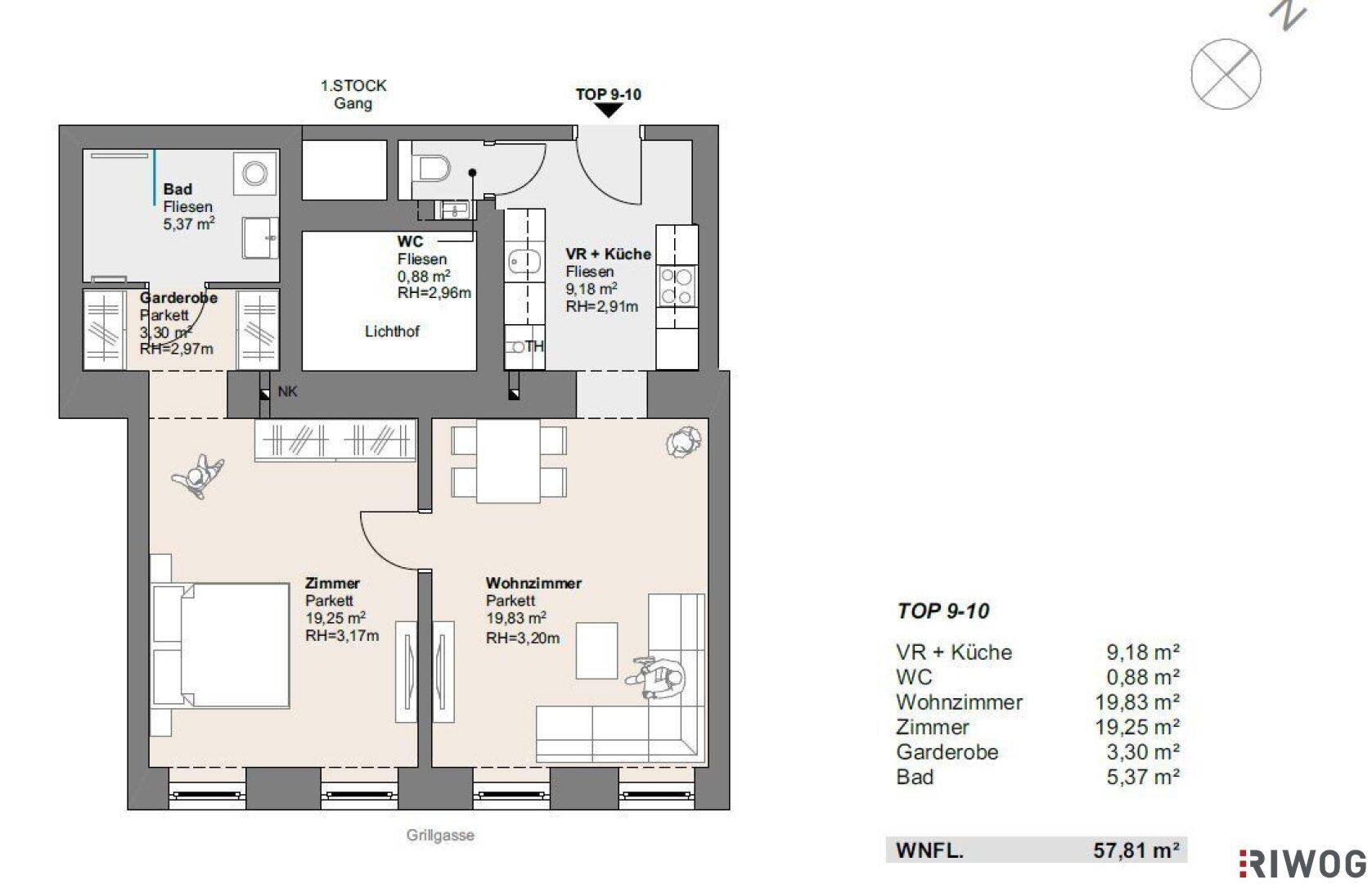 Detaillierter Grundriss der Wohnung Top 9-10 mit Zimmern, Bad und WC.