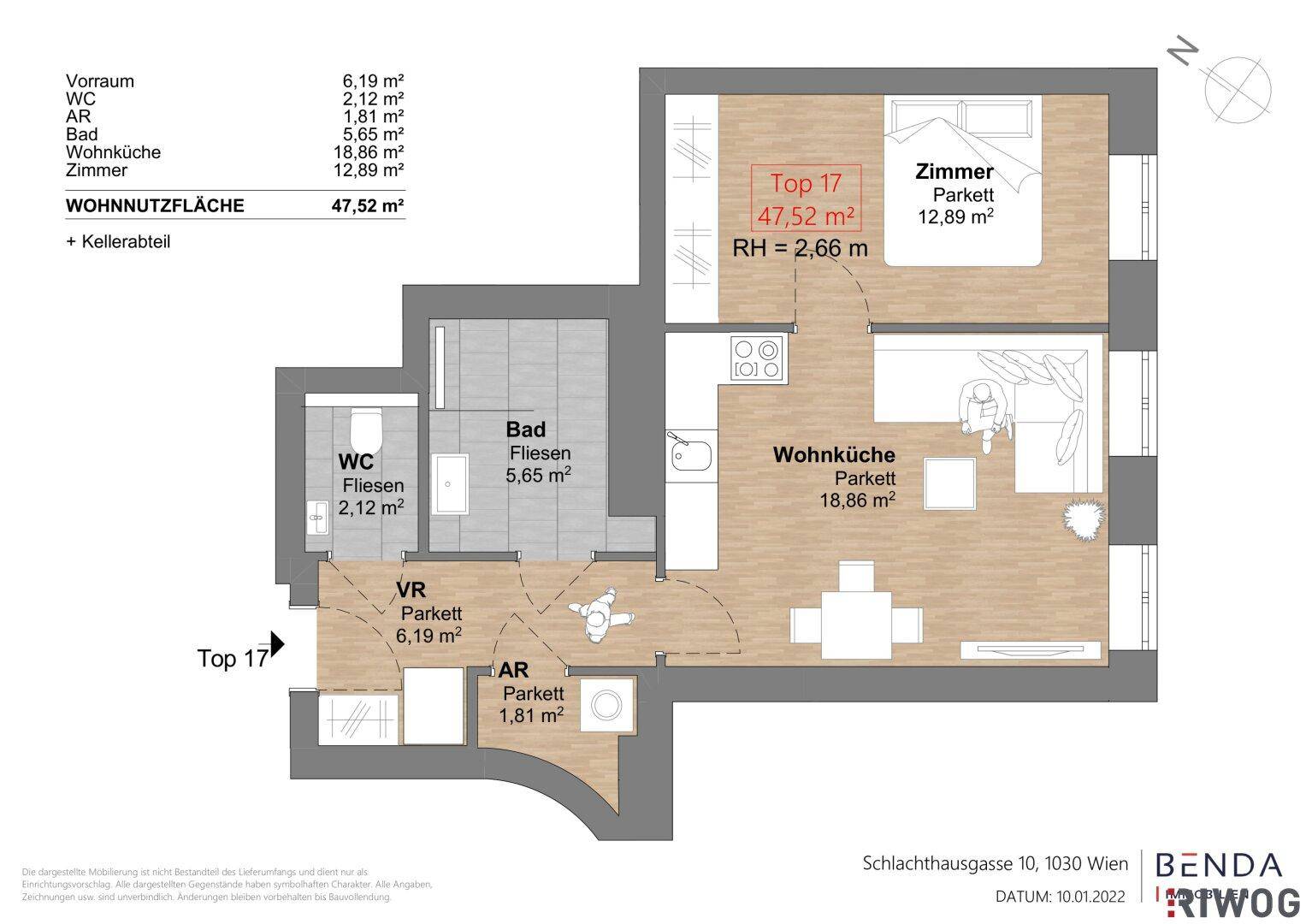 Grundriss der Wohnung Top 17 mit 47,52 m² Wohnfläche, Schlafzimmer und Wohnküche.