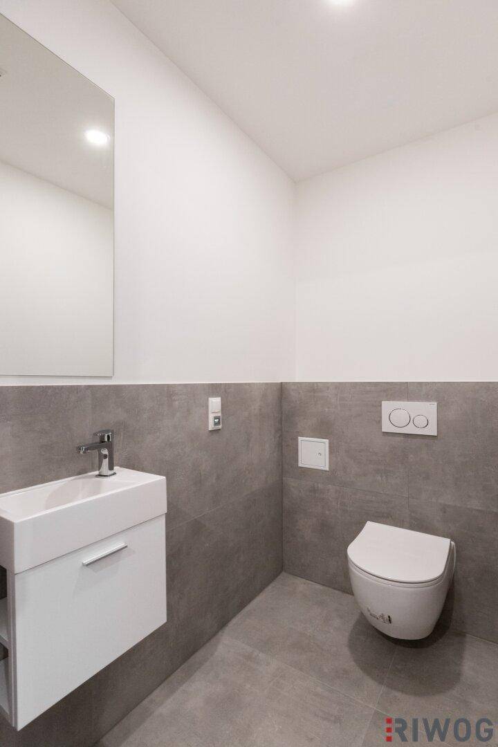 Modernes Gäste-WC mit wandhängender Toilette, kleinem Waschbecken und grauen Fliesen.