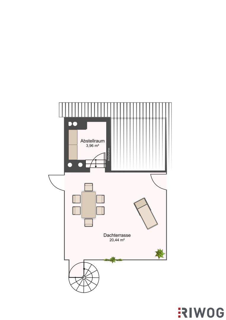 Grundriss der Dachterrasse mit Abstellraum und großzügiger Außenfläche.