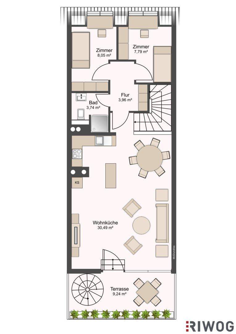 Grundriss der Wohnebene mit offener Wohnküche, zwei Zimmern und Terrasse.