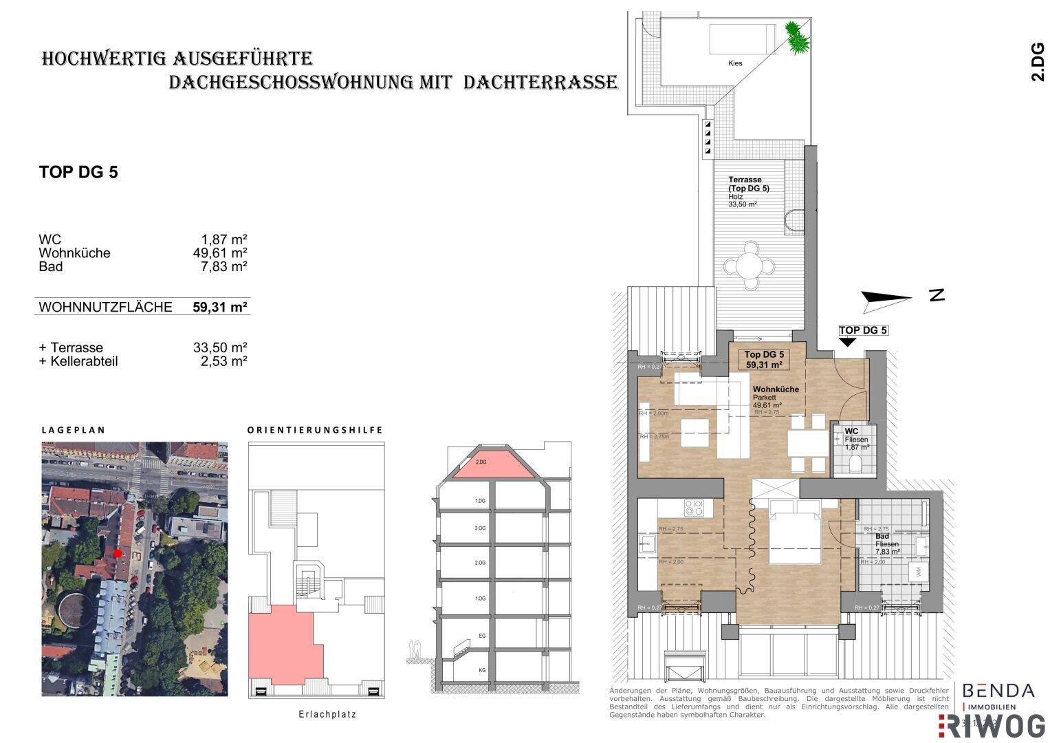 Detaillierter Grundriss einer Dachgeschosswohnung mit Dachterrasse und Lageplan.