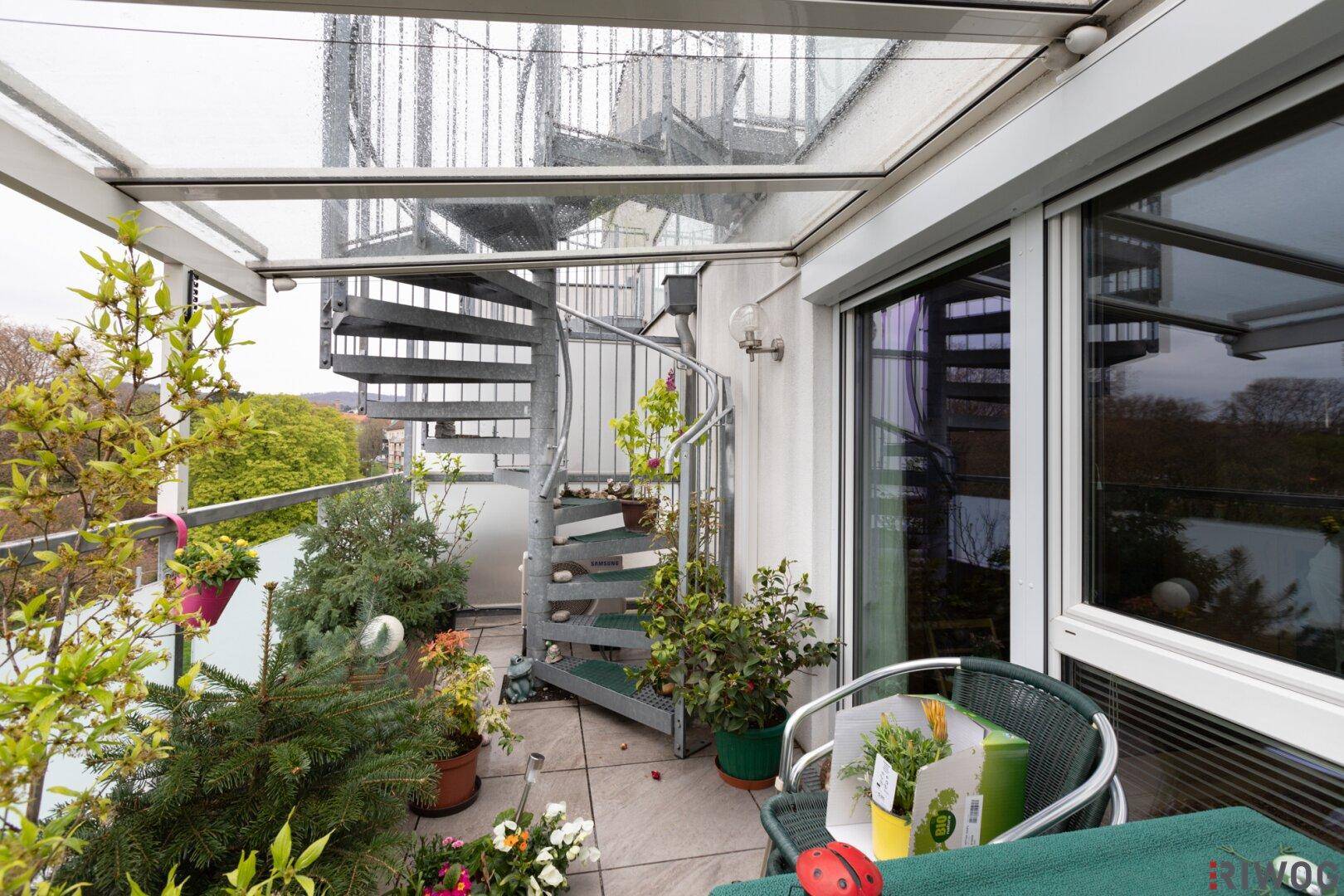 Begrünter Balkon mit Wendeltreppe und Glasüberdachung, bietet zusätzlichen Außenbereich.