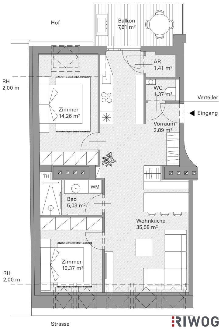 Grundriss einer Wohnung mit zwei Zimmern, Wohnküche, Bad und Balkon.