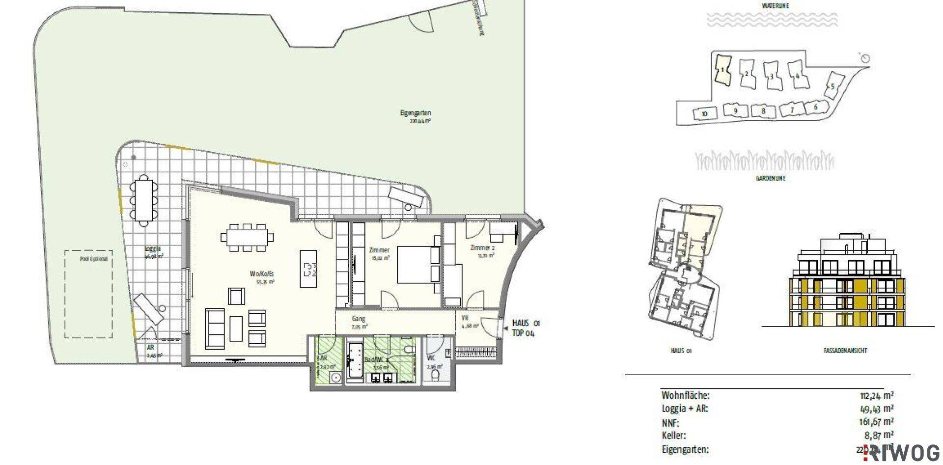 Detaillierter Grundriss einer Wohnung mit Garten, Terrasse und offenem Wohnbereich.