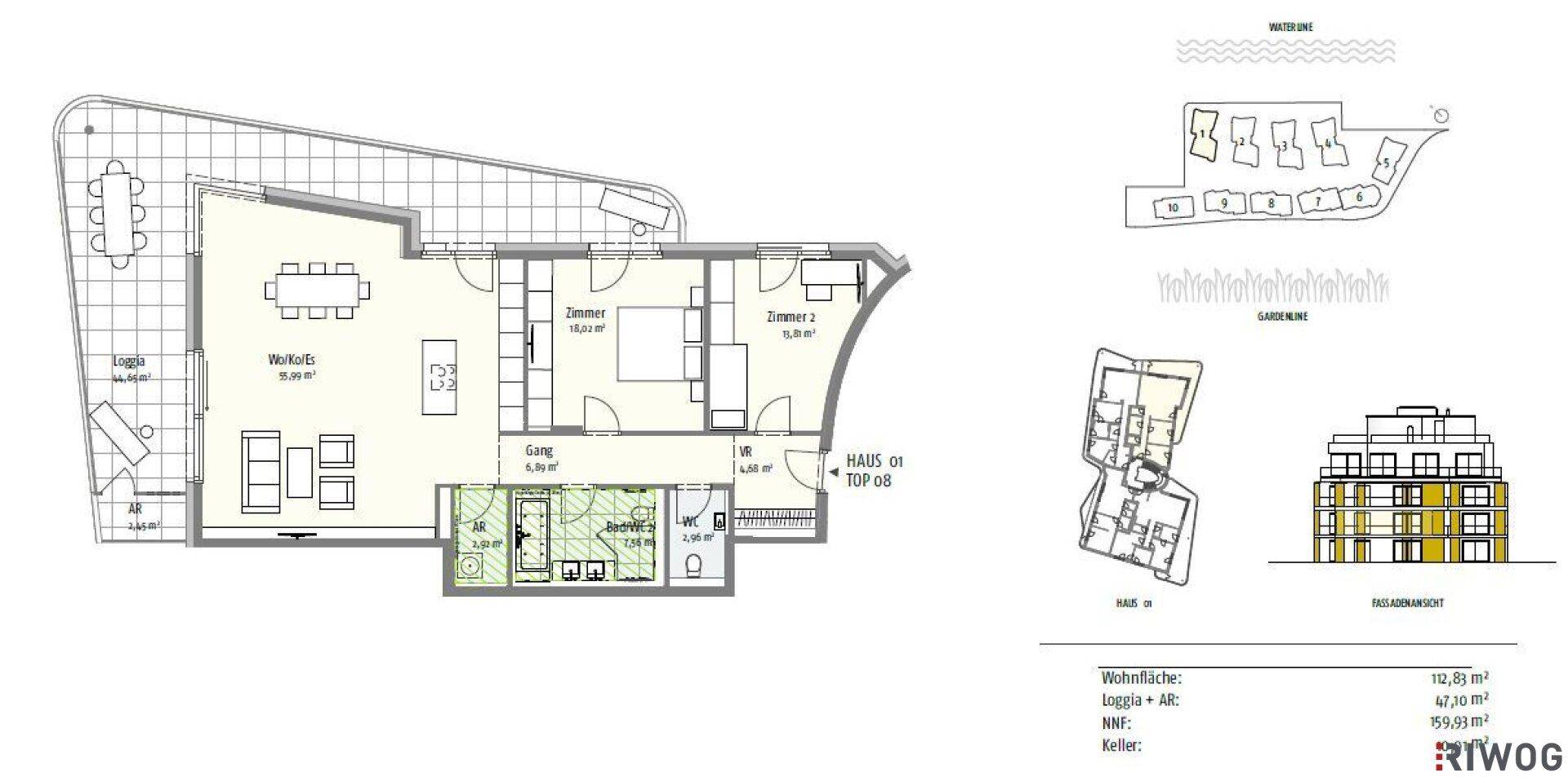 Detaillierter Grundriss einer Wohnung mit Loggia, zwei Zimmern und offenem Wohnbereich.