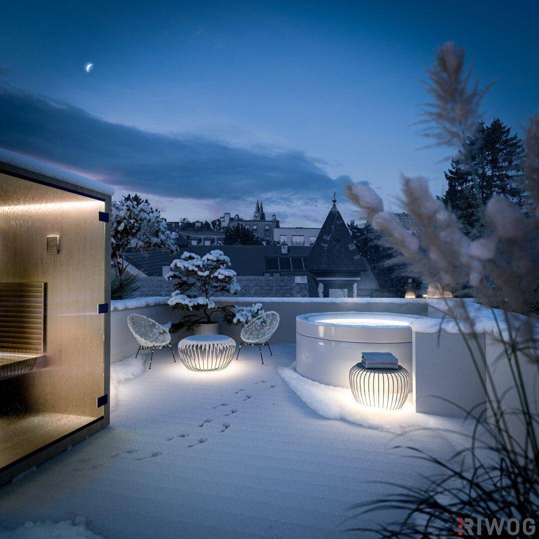 Winterliche Dachterrasse bei Nacht mit Whirlpool, Sauna und stimmungsvoller Beleuchtung.