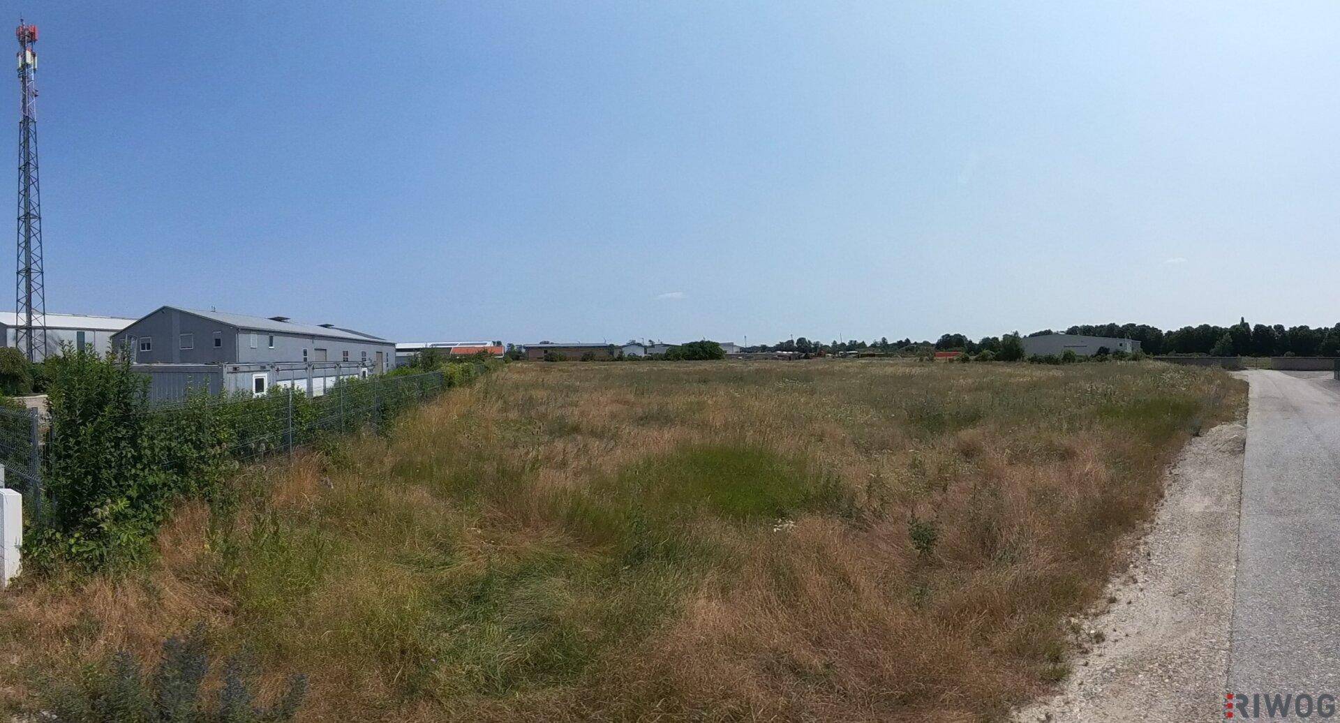 Großes unbebautes Grundstück mit trockener Vegetation und angrenzenden Industriegebäuden unter klarem Himmel.