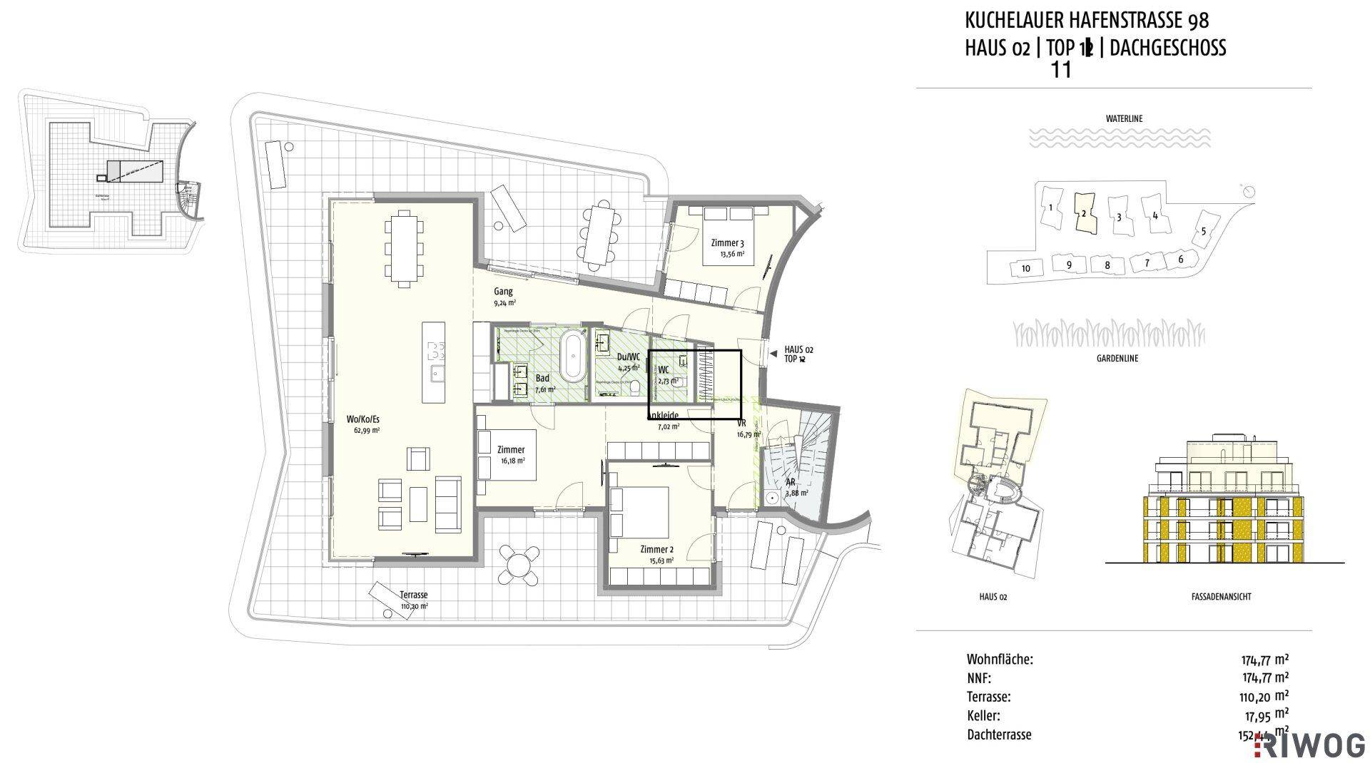 Detaillierter Grundriss der Dachgeschosswohnung mit mehreren Zimmern und großer Dachterrasse.