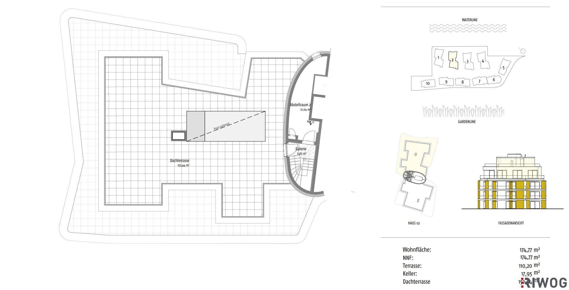 Übersichtlicher Grundriss der Dachgeschosswohnung mit großzügiger Dachterrasse und Kellerabteil.