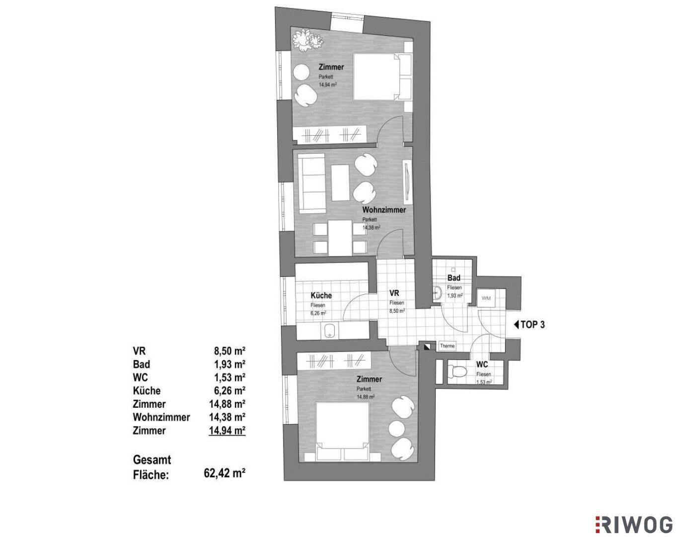 Grundriss einer Wohnung mit drei Zimmern, Wohnzimmer, Küche, Bad und separatem WC.