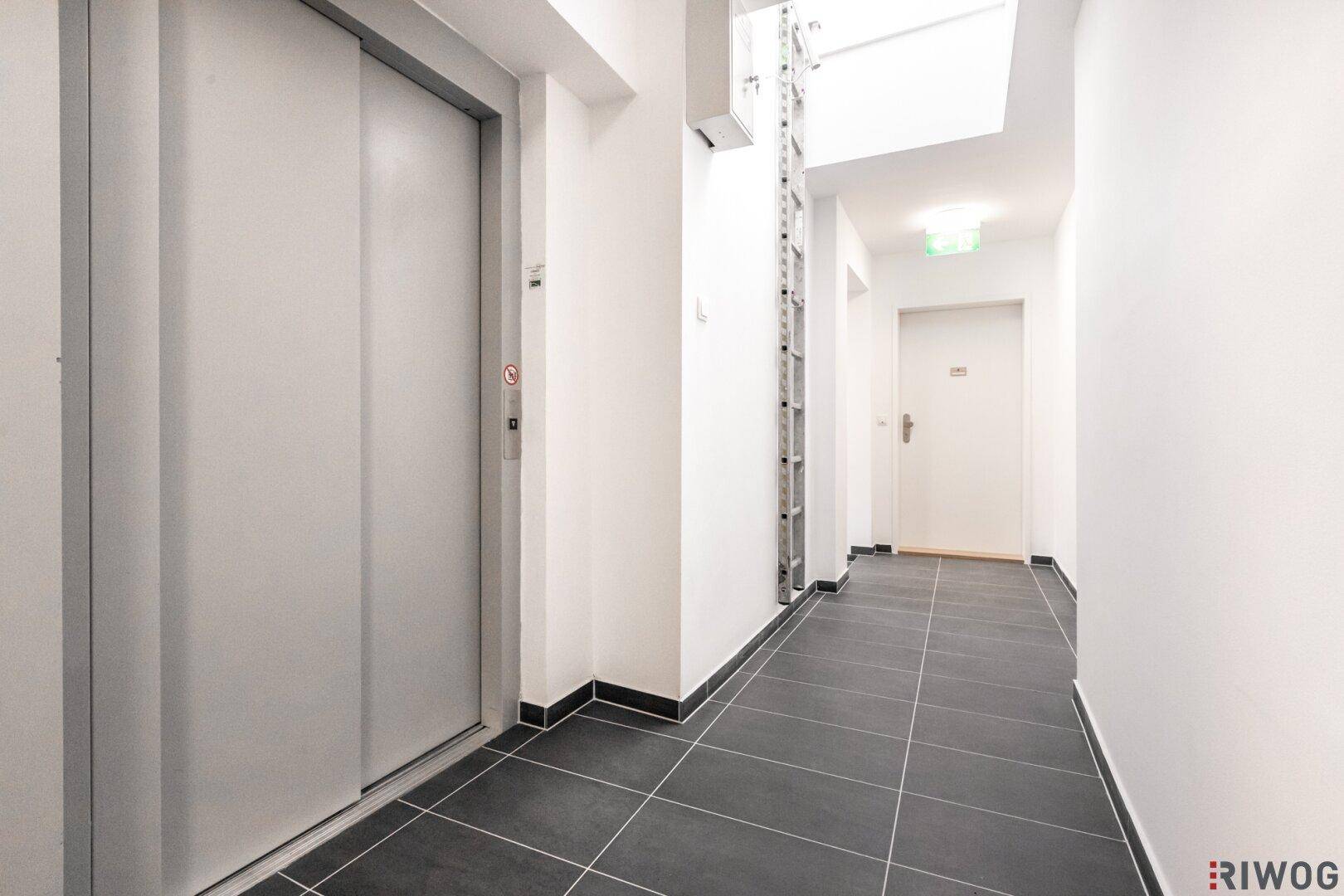 Heller Flur mit Aufzug und dunklen Bodenfliesen im Mehrfamilienhaus, bietet bequemen Zugang zu den Etagen.