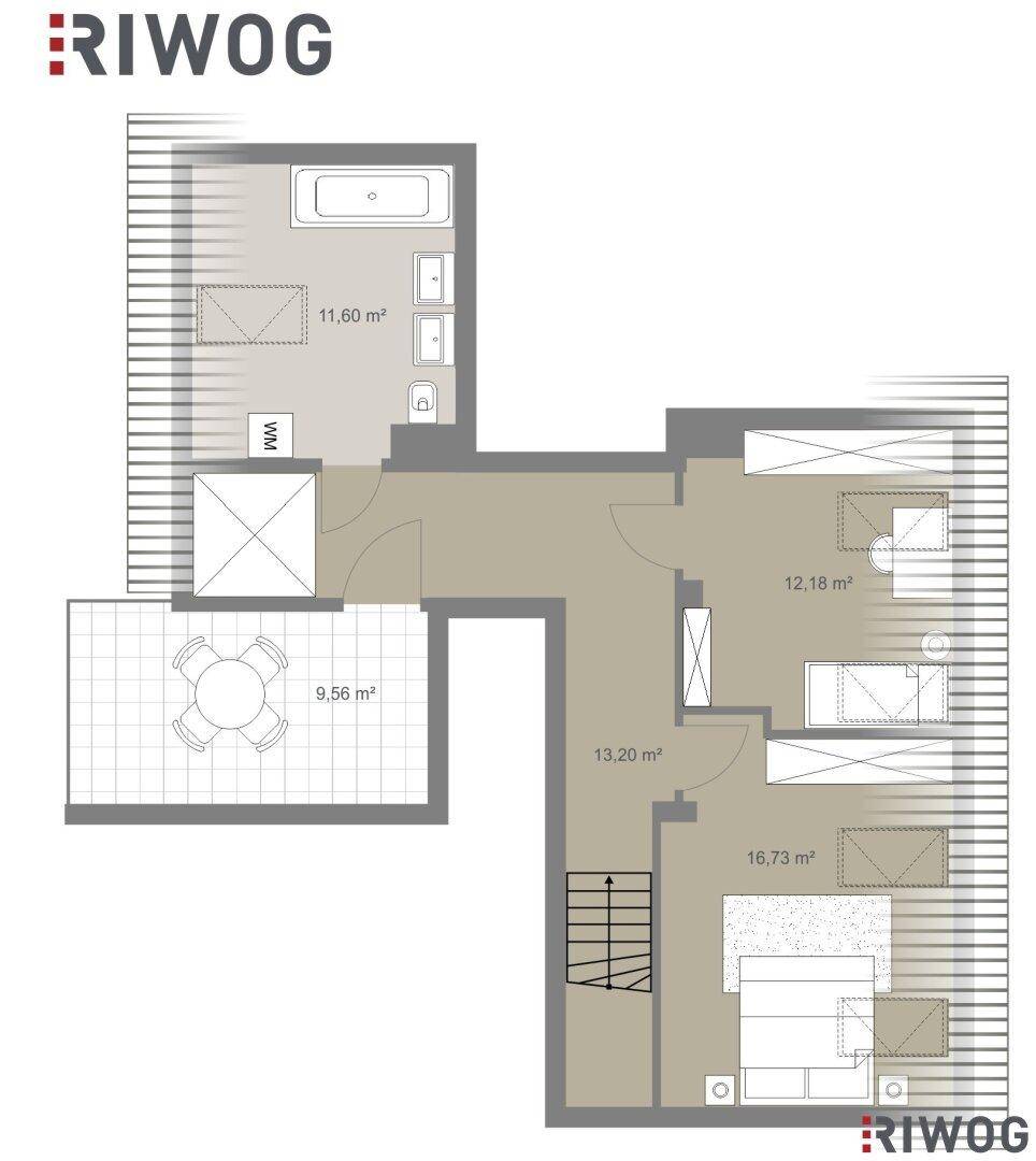 Grundriss der oberen Ebene mit Schlafzimmern, Badezimmer, großer Terrasse und internem Treppenabgang.