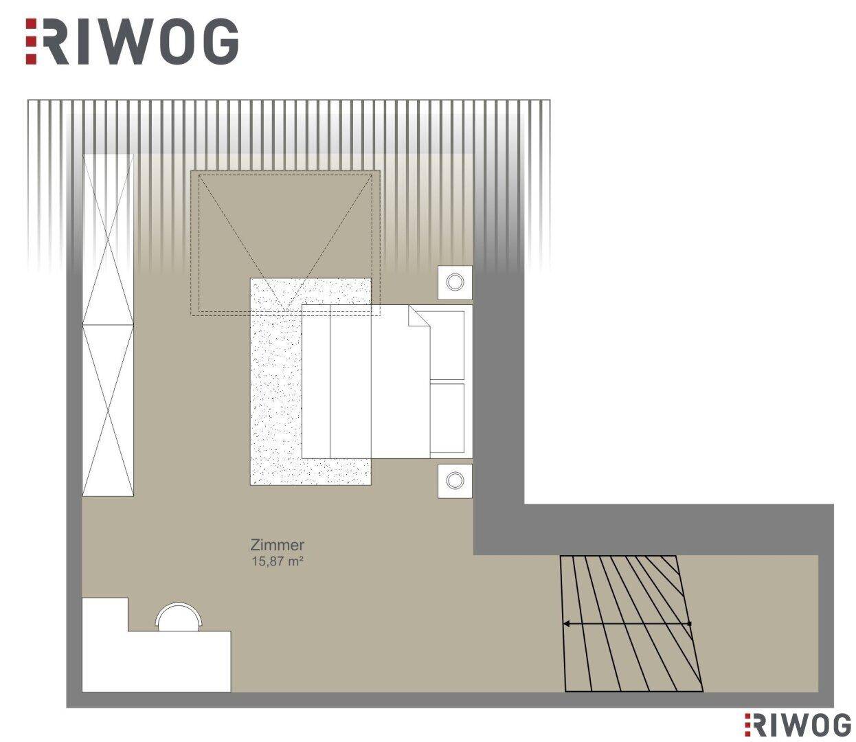 Grundriss der oberen Ebene mit Schlafzimmer und Dachschrägen, zugänglich über eine interne Treppe.