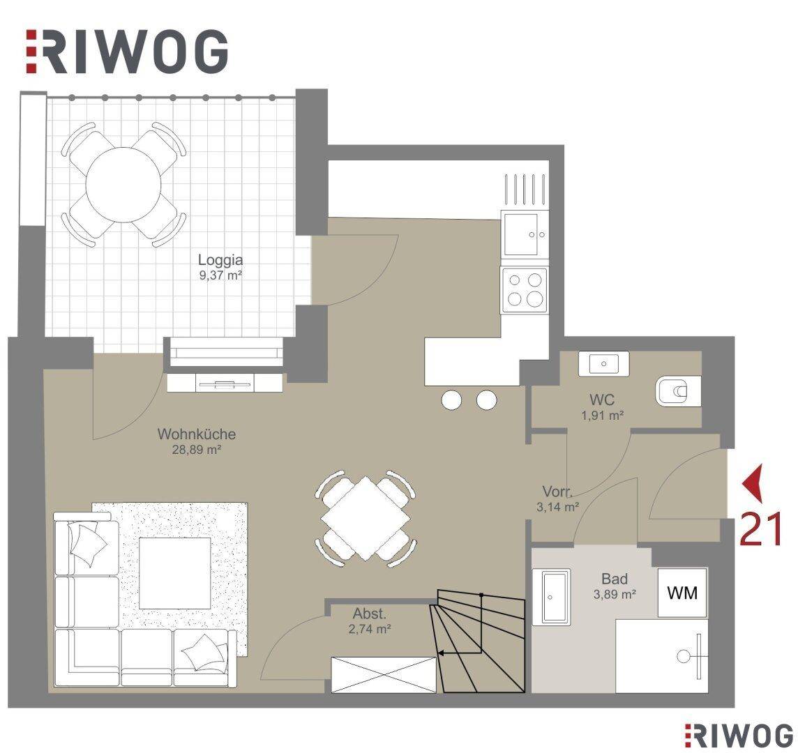 Grundriss der unteren Ebene mit offener Wohnküche, Loggia, Bad und separatem WC.