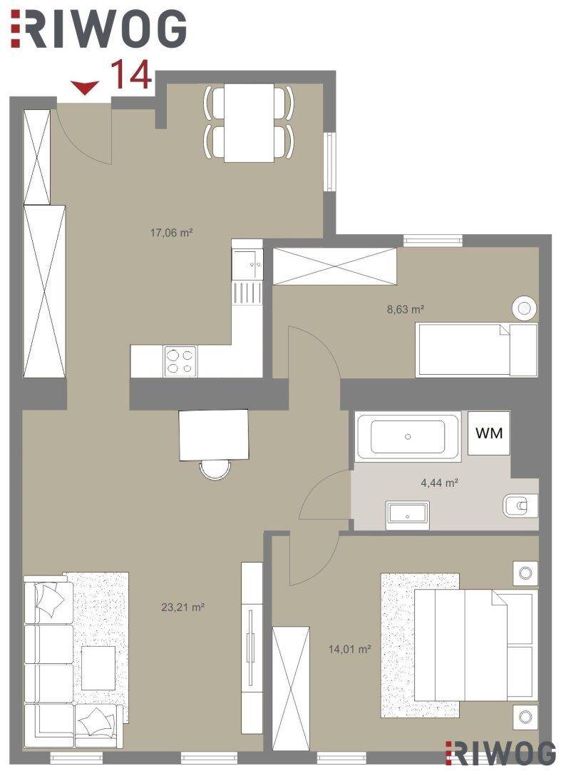 Grundriss einer Wohnung mit separatem Schlafzimmer, Wohnbereich und offener Küche.