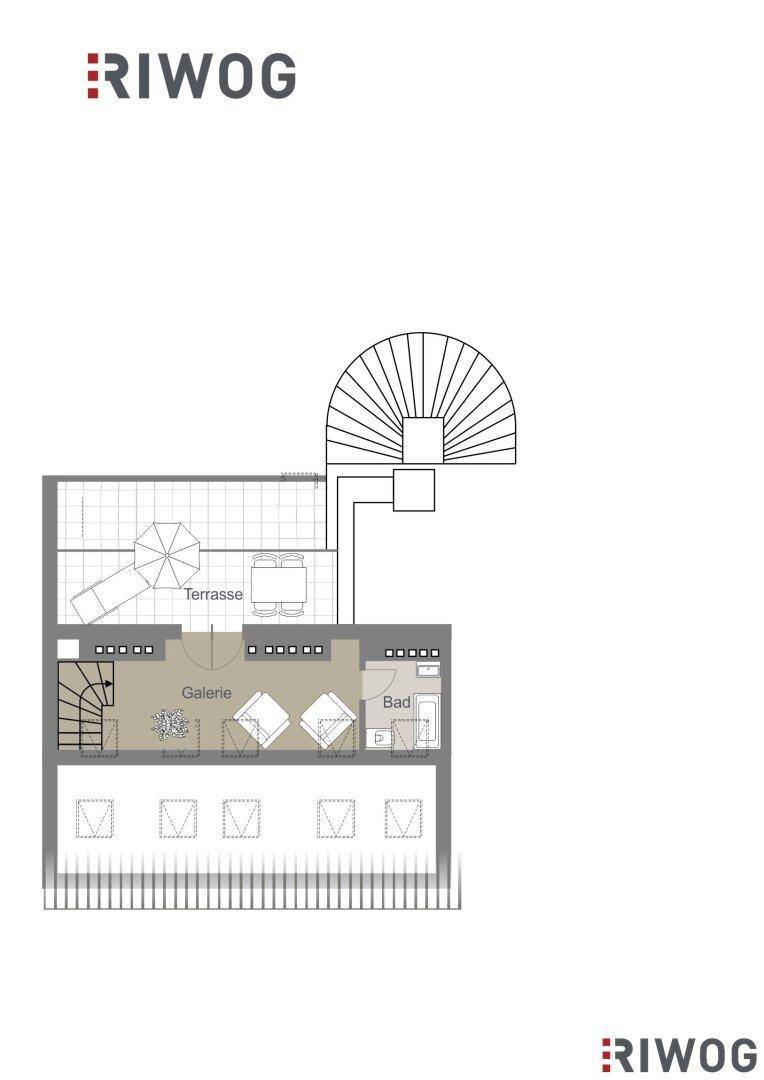 Grundriss der oberen Ebene mit Galerie, Bad und Zugang zur Dachterrasse.