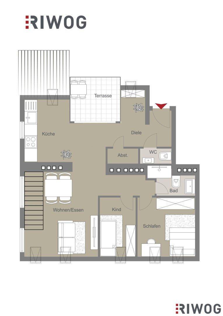 Grundriss der unteren Ebene mit Küche, Wohn-/Essbereich, Schlafzimmer und Terrasse.