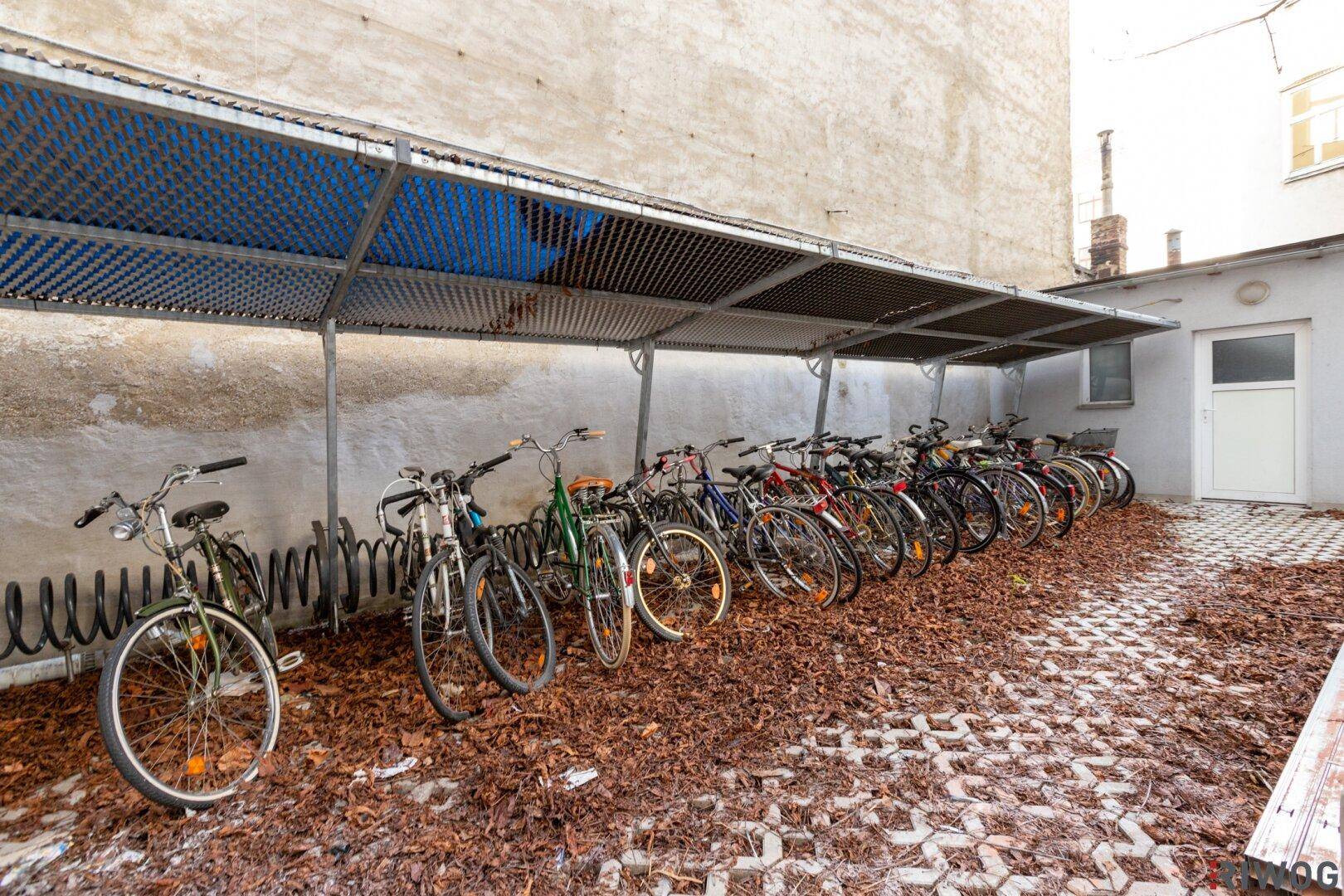 Überdachter Fahrradabstellplatz im Freien mit zahlreichen Fahrrädern und Laub auf dem Boden.