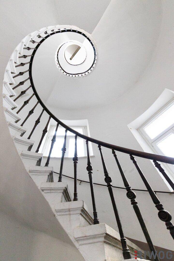 Elegante Wendeltreppe mit schmiedeeisernem Geländer und natürlichem Lichteinfall durch Fenster.